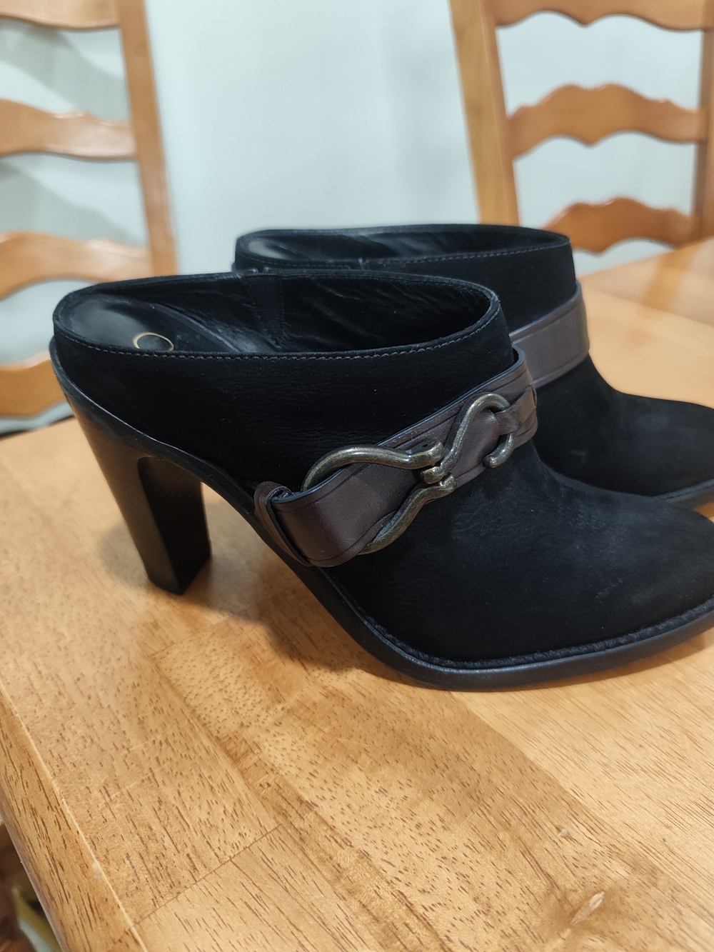 Cole Haan Black Suede Heeled Mule with Brown Strap and Metallic Accent